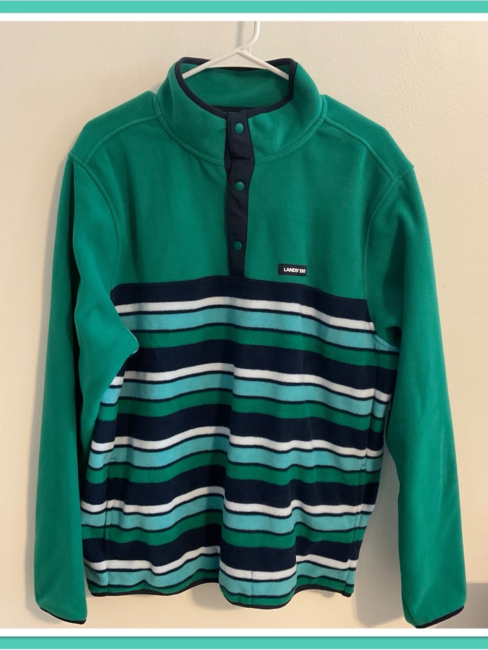 Lands' End unisex Green and Navy Striped Fleece Snap-Front Pullover